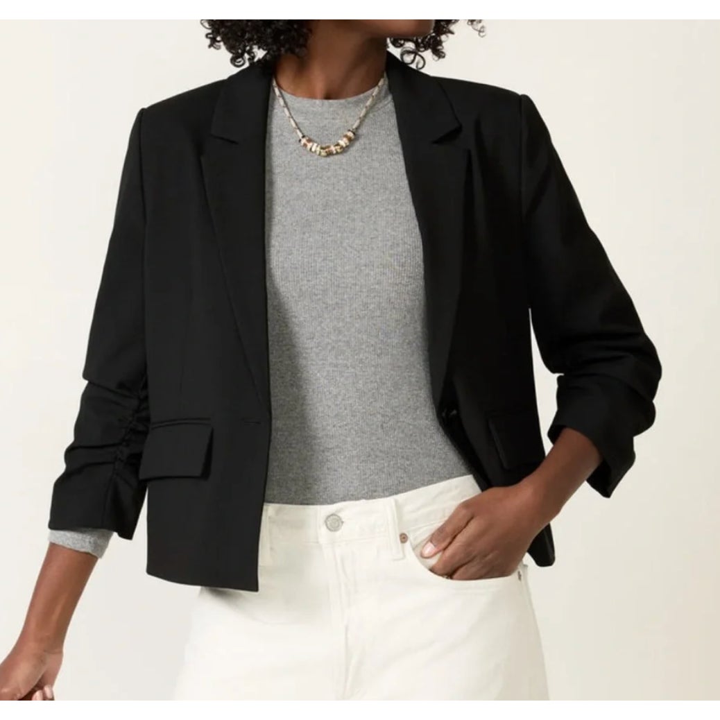 Evereve Black Ruched 3/4 Sleeve Cropped Blazer Jacket XS