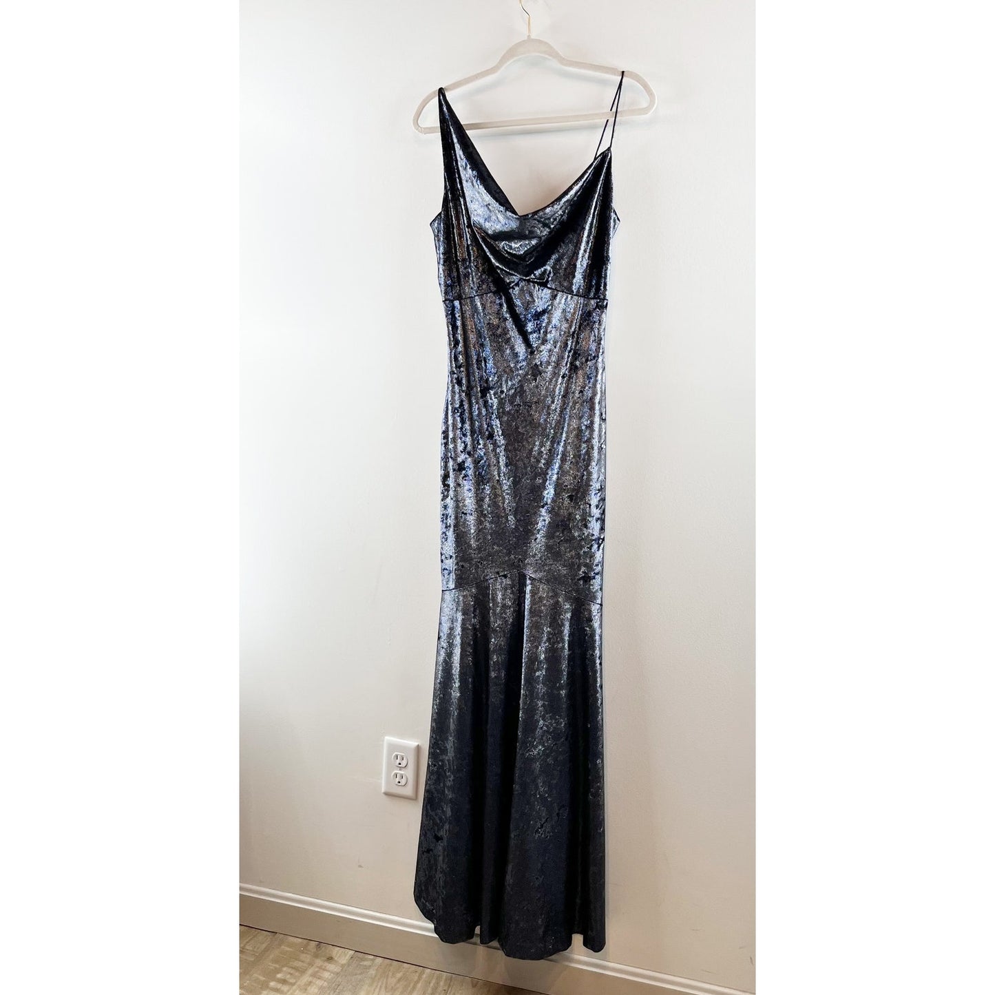 Nicole Miller Metallic Asymmetric Cowl Neck Maxi Mermaid Dress Silver Blue 10