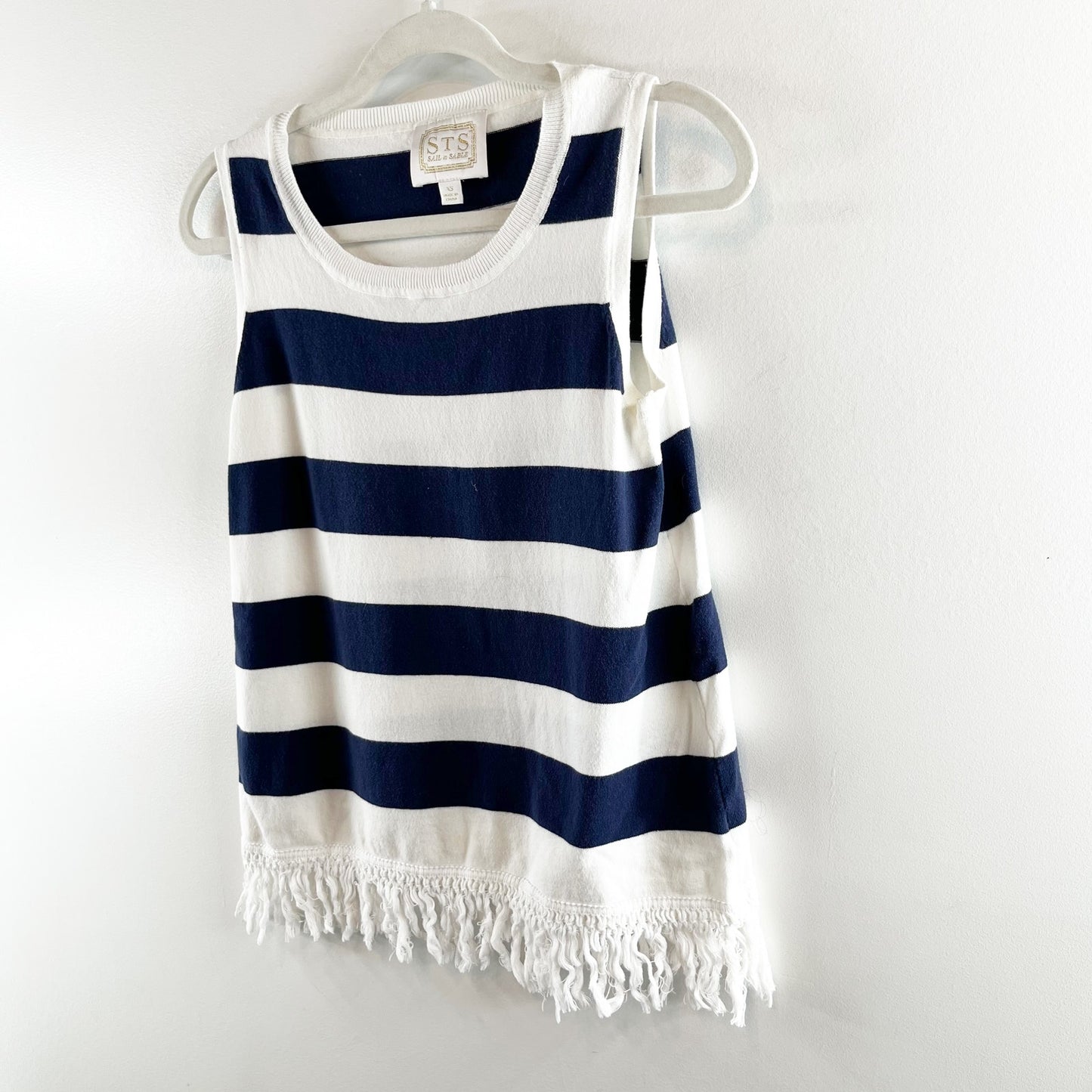 Sail to Sable Hydna Fringe Trim Striped Sweater Tank Top White Blue XS