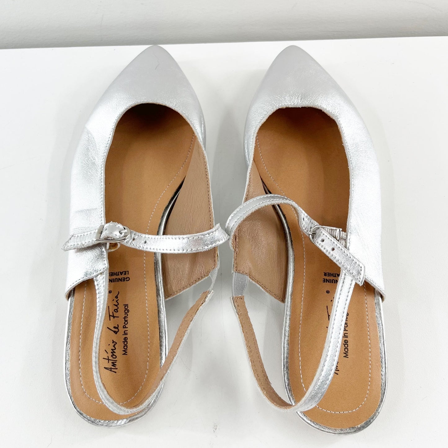 Antonio De Faria Anna Leather Slingback Mary Jane Pointed Toe Flats Silver 9