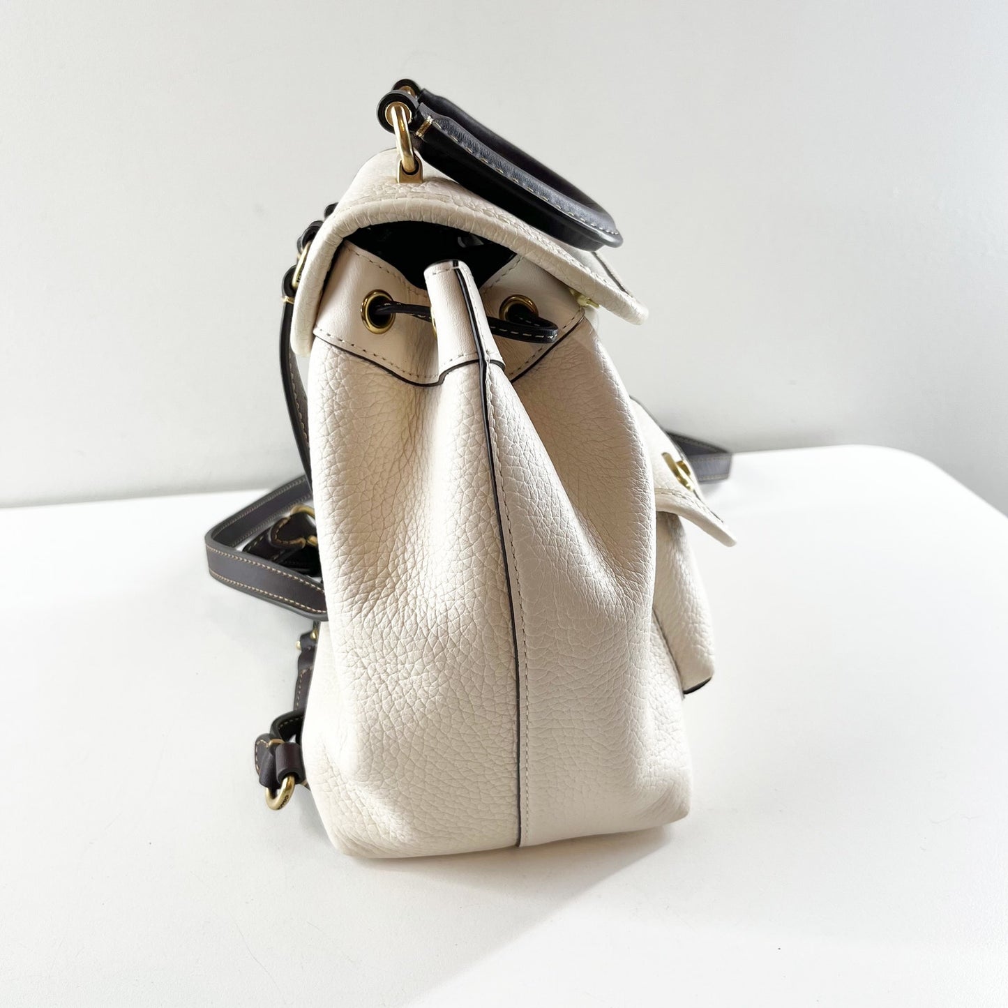 Coach Riya 21 Pebble Leather Backpack with Leather Top Handle Cream White