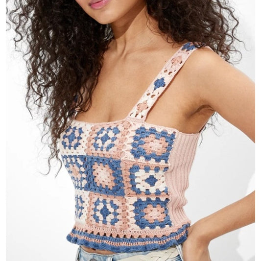 American Eagle Crochet Cropped Granny Square Tank Top Pink Blue XS