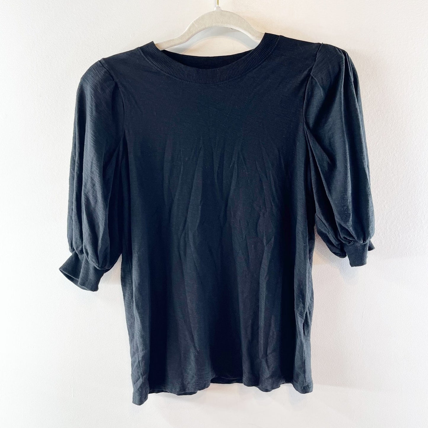 Nation LTD Loren Elbow Length Puff Sleeve Cotton Tee Shirt Top Black XS