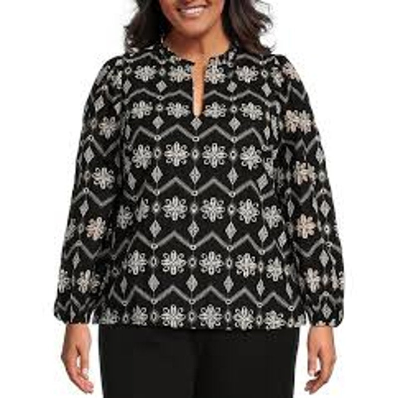 Sugarlips Embroidered Boho Long Sleeve Blouse Top Shirt Black White 1X
