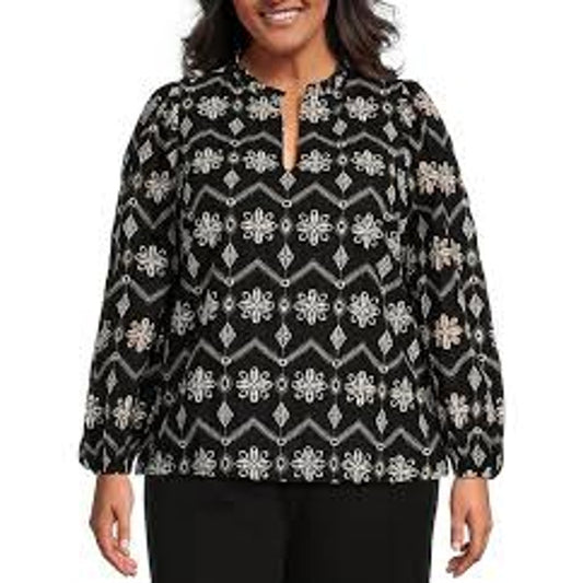 Sugarlips Embroidered Boho Long Sleeve Blouse Top Shirt Black White 1X