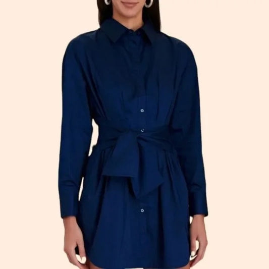 Johnathan Simkhai Long Sleeve Tie Waist Shirt Dress Navy Blue XS