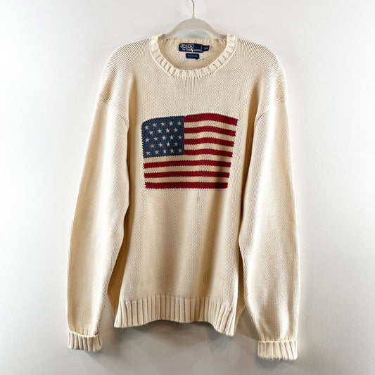 Polo Ralph Lauren Vintage Crewneck American Flag Sweater Cream Ivory XXL