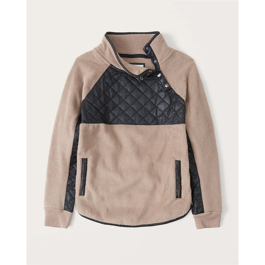 Abercrombie & Fitch Asymmetrical Snap Quilted Fleece Jacket Tan Black XS