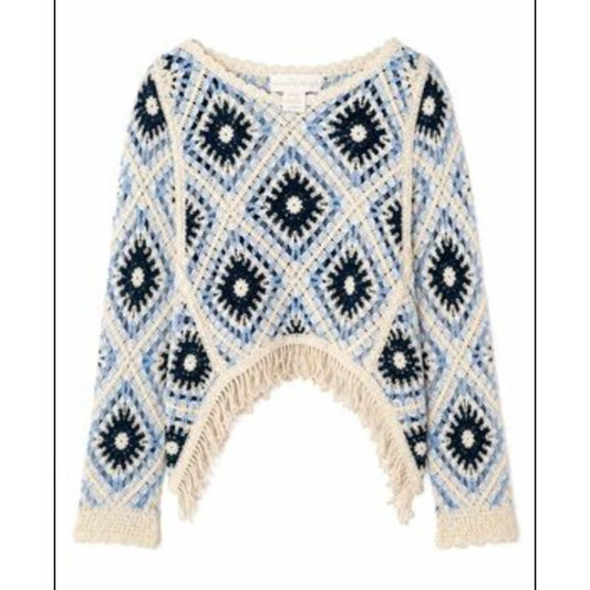 House of Harlow Long Sleeve Fringe Trim Granny Square Crochet Sweater Blue OS