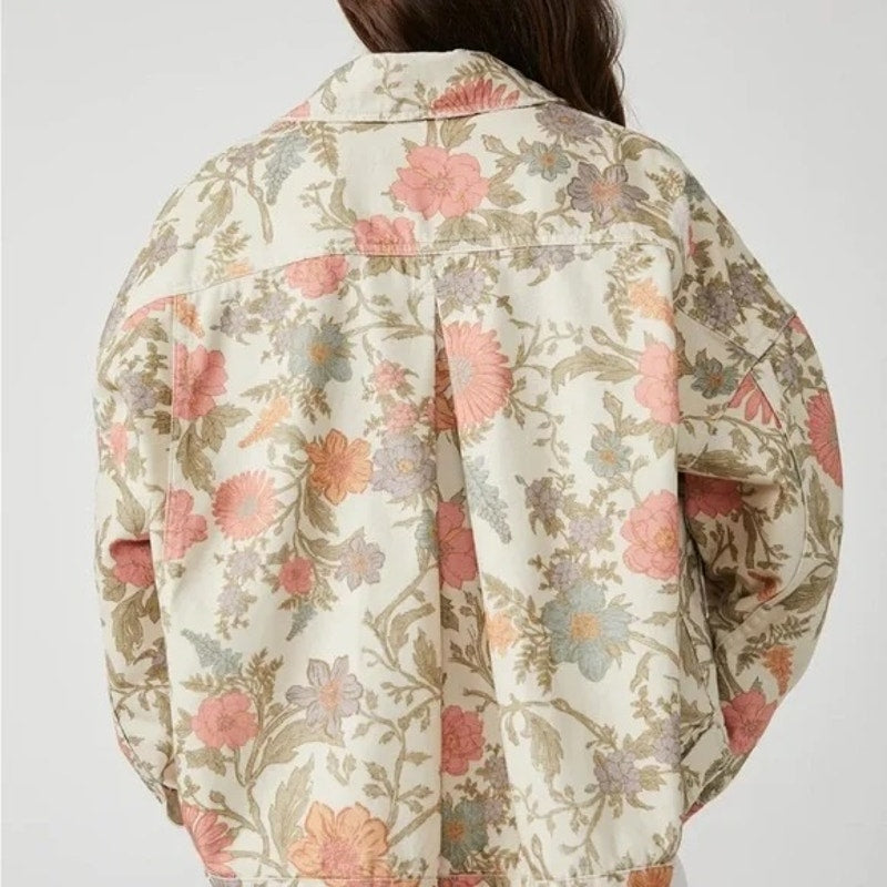 Free People Opal Floral Denim Trucker Jean Jacket Tan Beige Pink Small