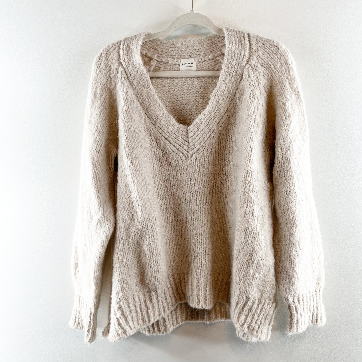 AMS Pure Collection Alpaca Wool Blend V-Neck Pullover Sweater Beige Small