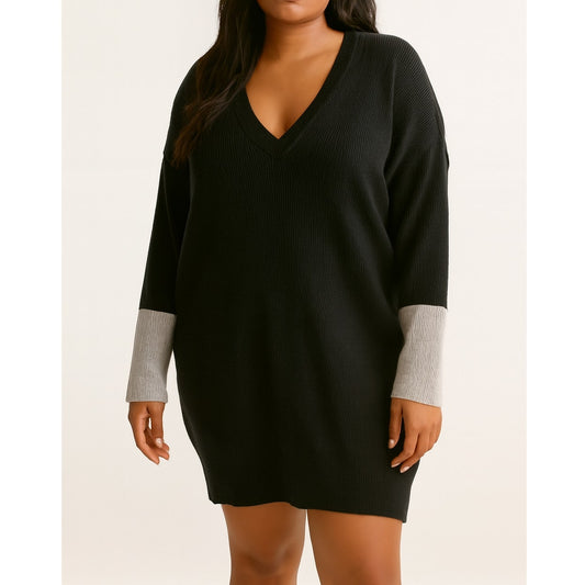 Naadam V Neck Wool Cashmere Mini Sweater Dress Black Gray Medium