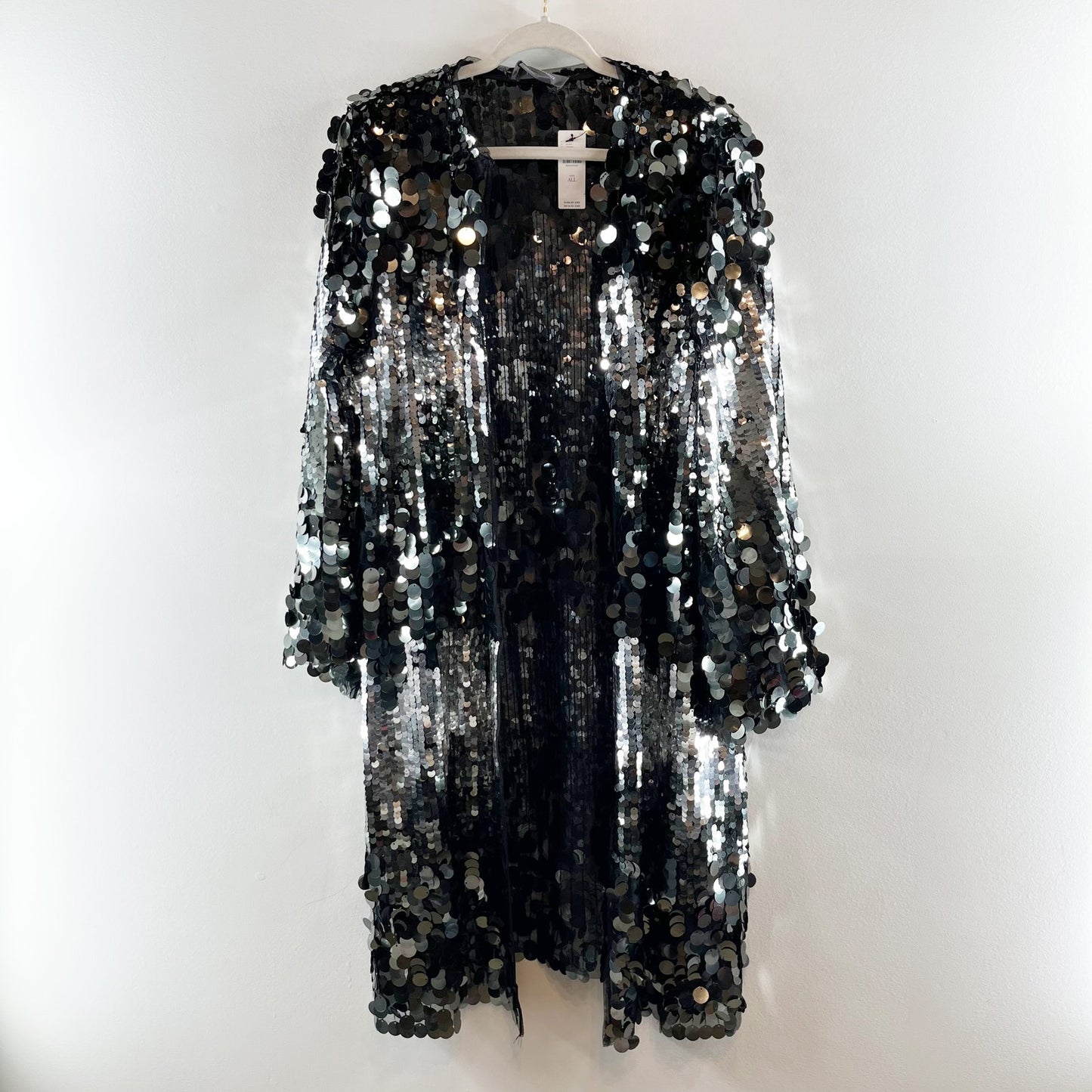 Anthropologie Long Sequin Duster Kimono Cardigan Coat Silver Black One Size