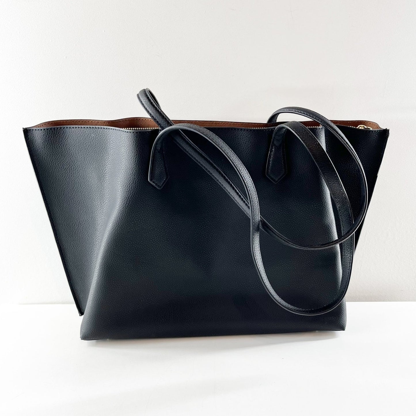 Quince Adeline Leather Triple Compartment Shopper Tote Handbag Purse Black