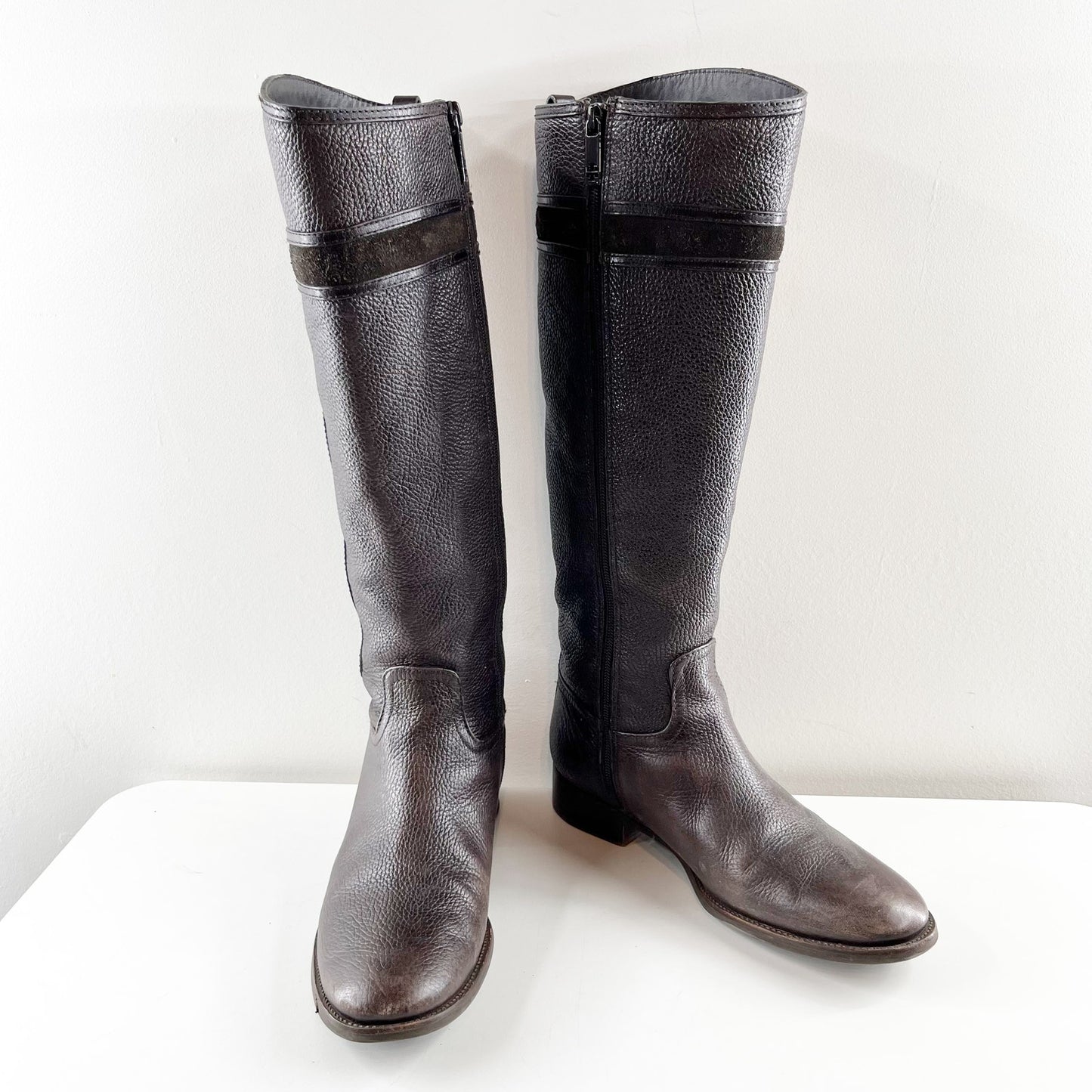 Tory Burch Alaina Pebbled Leather Tall Riding Boots Black Dark Brown 10