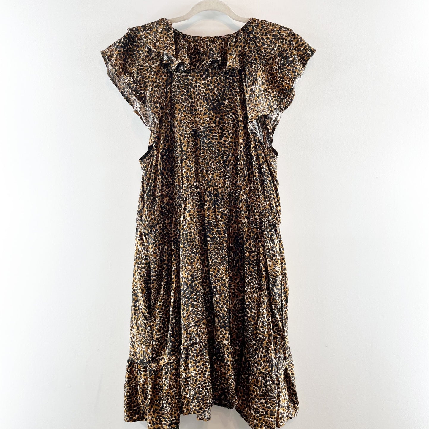 Old Navy Waist Defined Ruffle Trim Mini Dress Leopard Wild Spots Brown XL