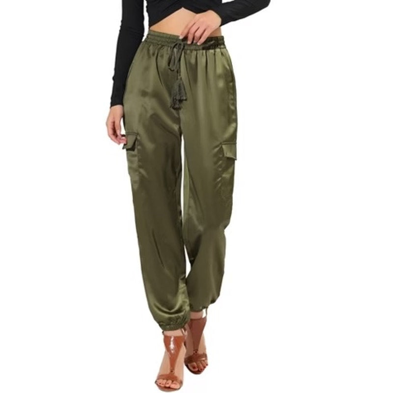 PINCH Satin Pull On High Waisted Drawstring Cargo Jogger Pants Olive Green Small