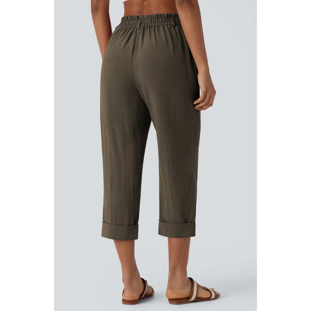 Halara High Waisted Zipper Pocket Cropped Linen-Feel Pants Dark Earthy Brown XL