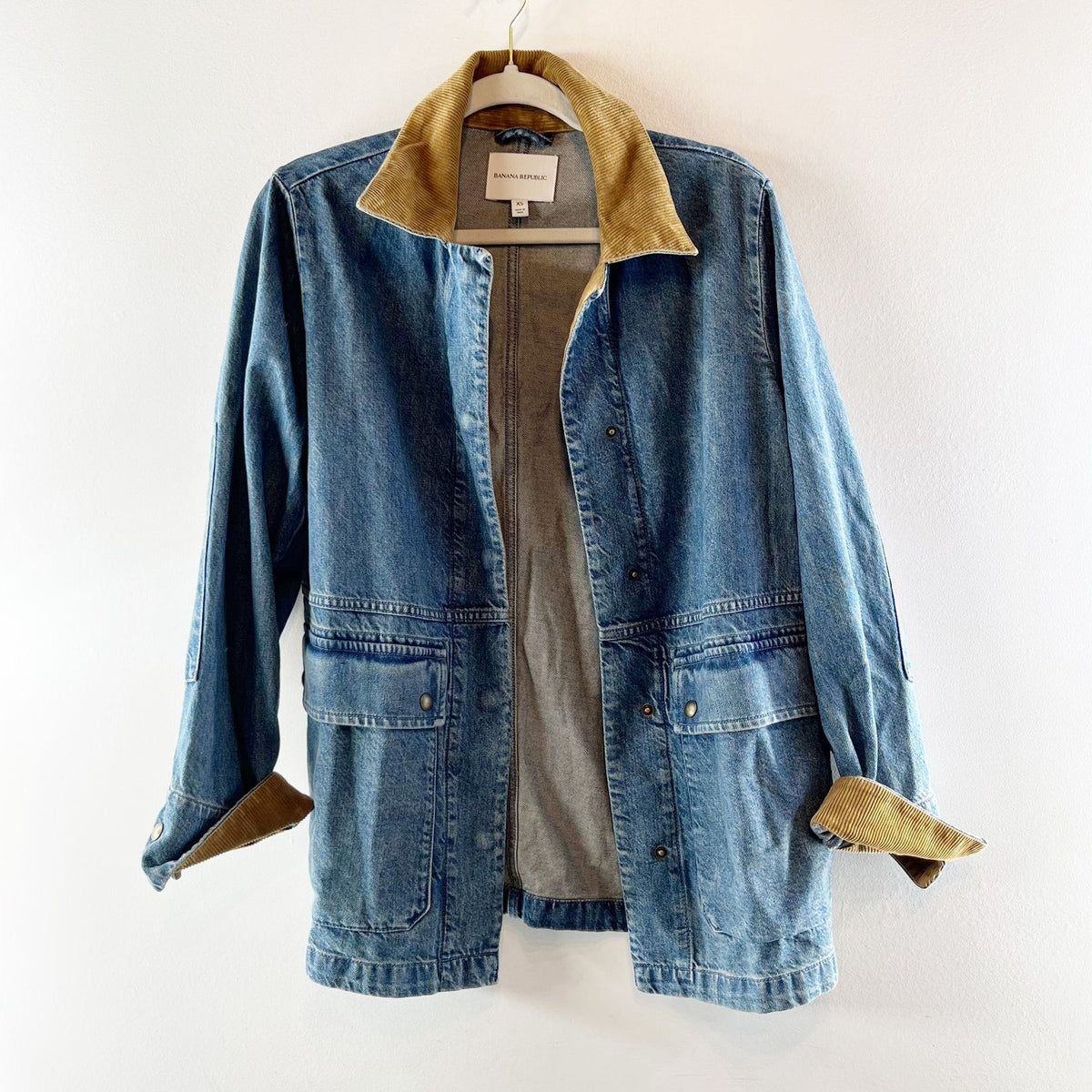 Banana Republic Denim Chore Coat Barn Jacket Corduroy Collar Blue Brown XS