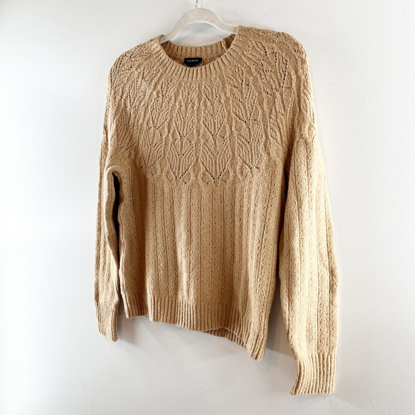 Talbots Long Sleeve Metallic Pointelle Sweater Tan Beige Small