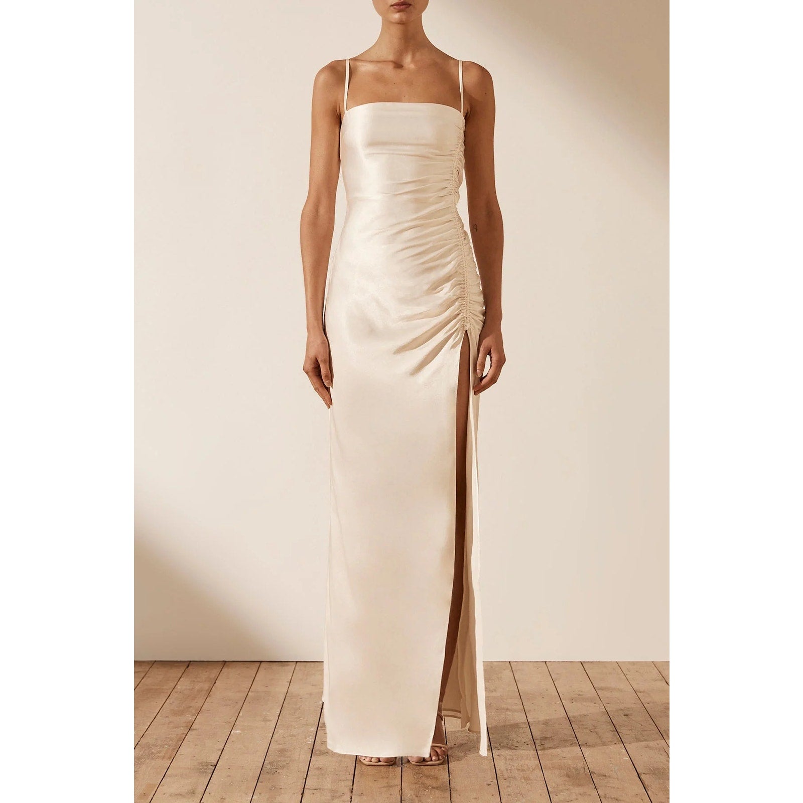 Shona Joy La Lune Ruched Side Slit Maxi Formal Slip l Dress Gown Cream – Baystate Boutique & Consignment