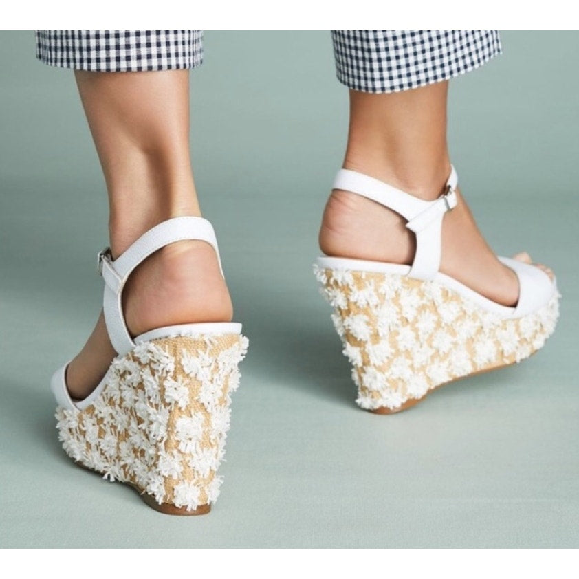 Anthropologie Cork Wedge Open Toe Sandals Shoes White 8