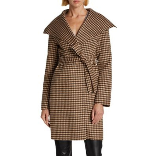 Elie Tahari Vienna Belted Wool Blend Plaid Wrap Coat Jacket Tan Small