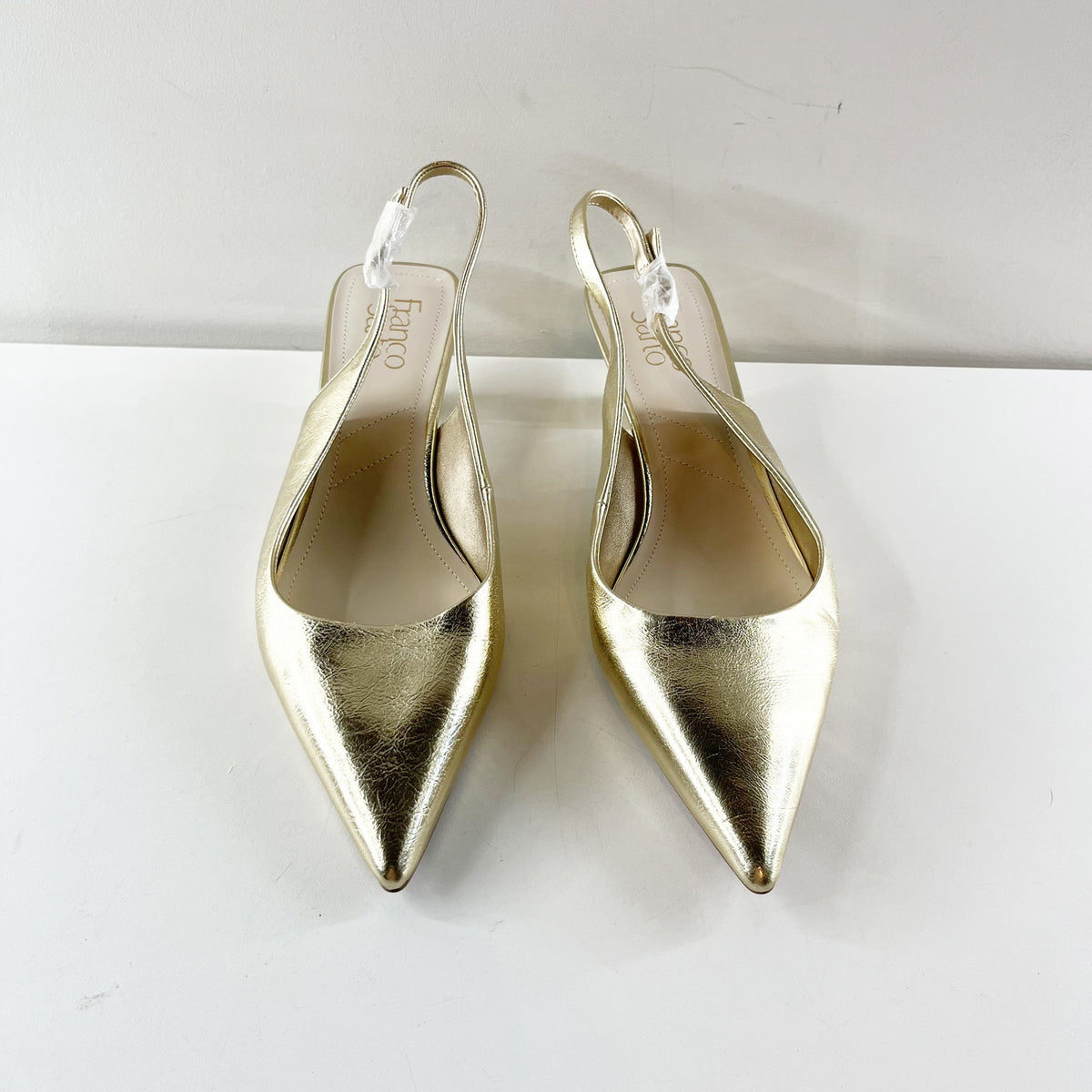 Franco Sarto Jaden Leather Pointed Toe Slingback Kitten Heels Platino Gold 9
