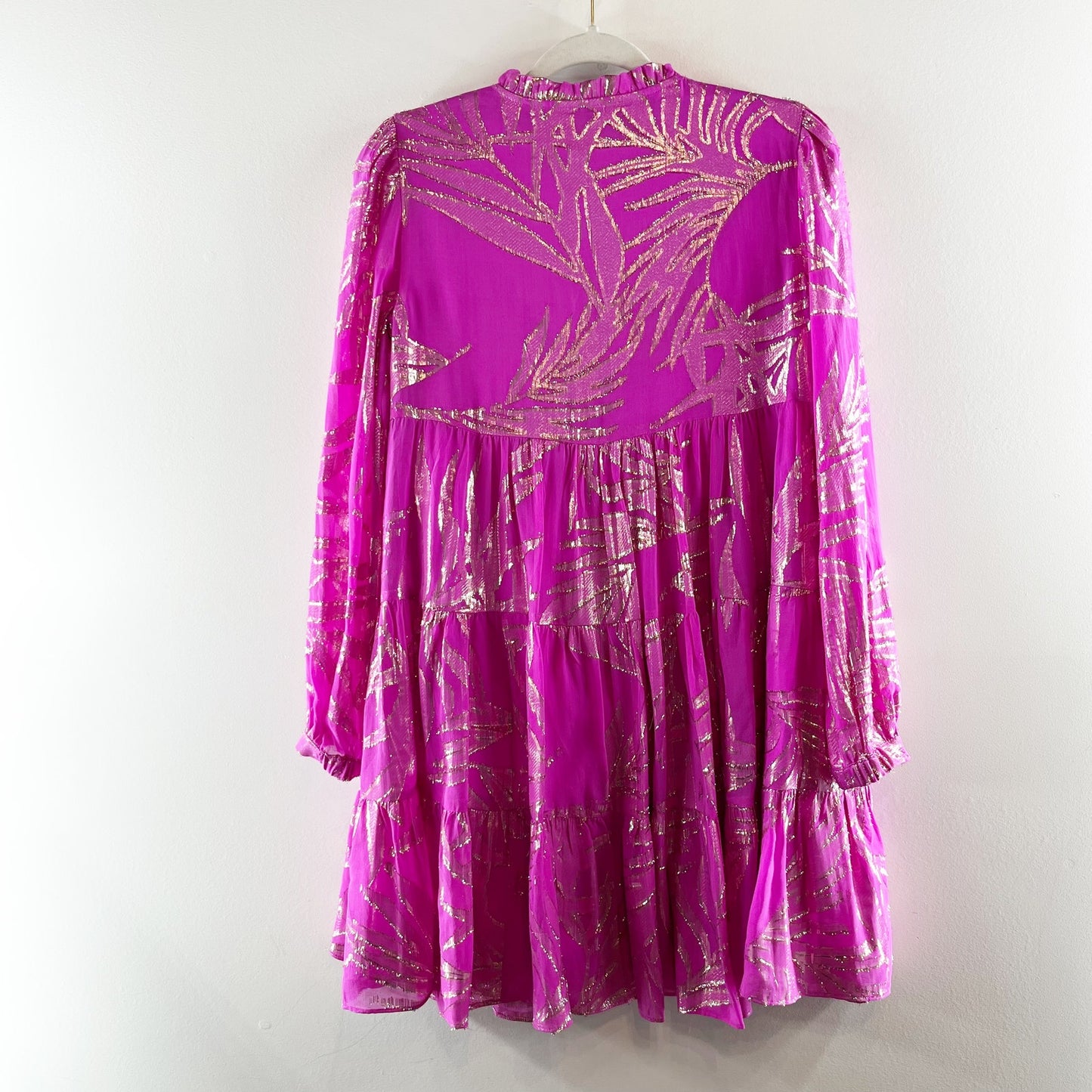 Lilly Pulitzer Sarita Silk Long Sleeve Mini Dress Wild Fuchsia Palm Leaf Pink 0