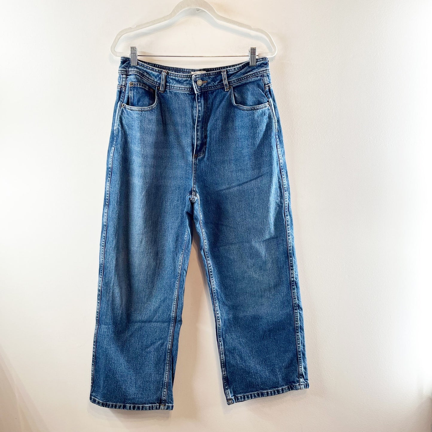 Sezane Denim High Waisted Cropped Wide Leg Jeans Medium Wash Blue 44 / US 12