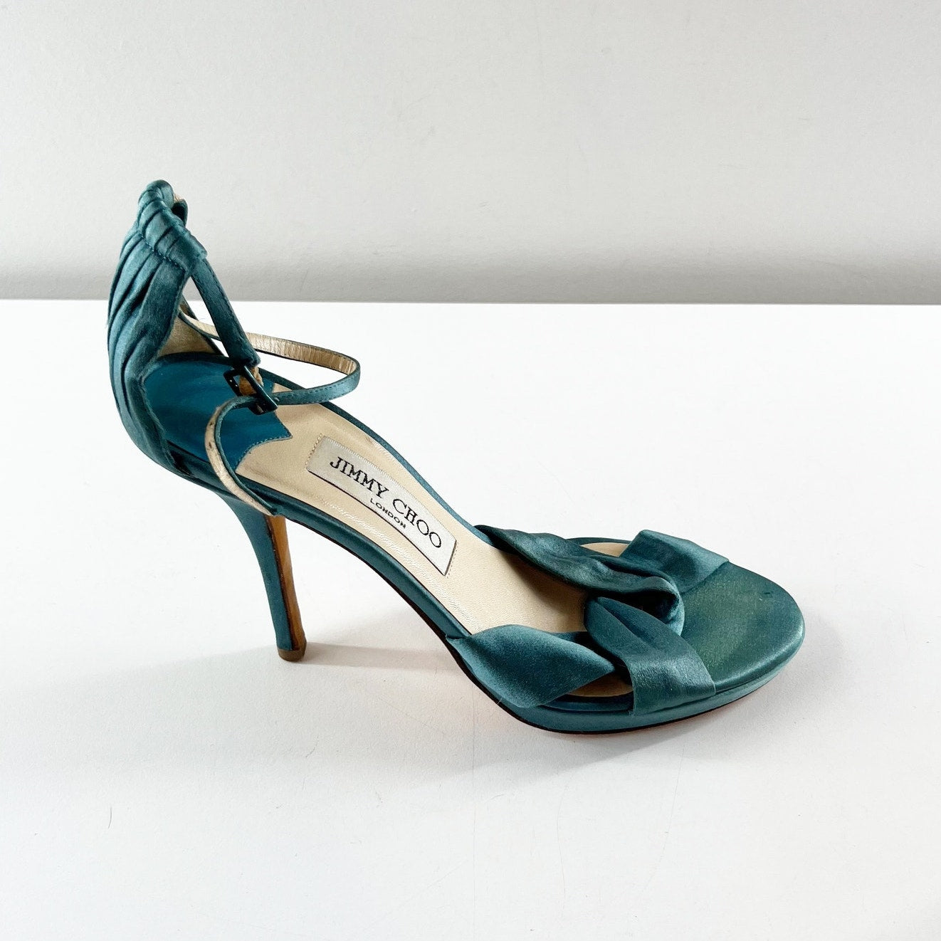 Jimmy Choo Marion Satin Knotted Ankle Strap Platform Stiletto Sandals Green 38