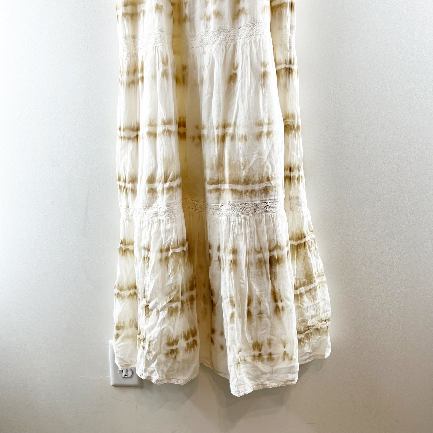 Aerie Cotton Tie Dye Tiered Maxi Sundress Dress Cream Tan XS NWT