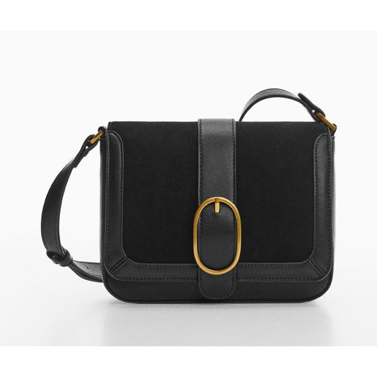 Mango Square Gold Buckle Crossbody Leather Purse Bag Black