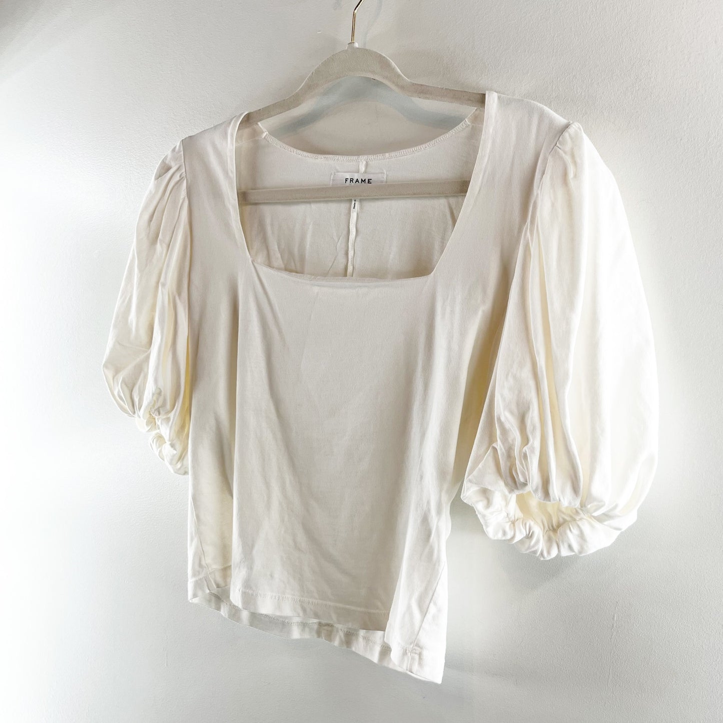 Frame Square Neck Cotton Puff Short Sleeve T-Shirt Top White Small