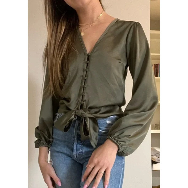 Abercrombie & Fitch Satin Long Sleeve Button Up Tie Front Top Olive Green Small