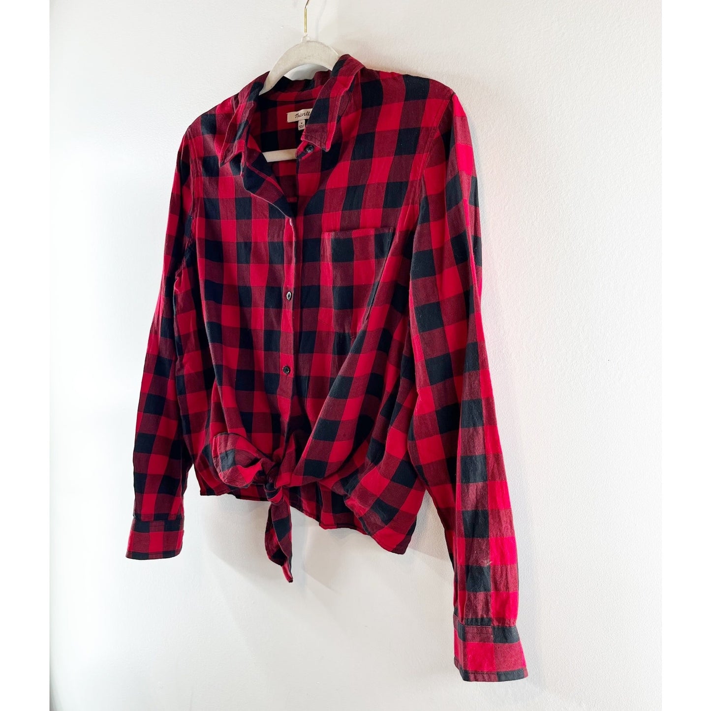 Madewell Buffalo Check Long Sleeve Flannel Tie Front Button-Up Shirt Red/Black M