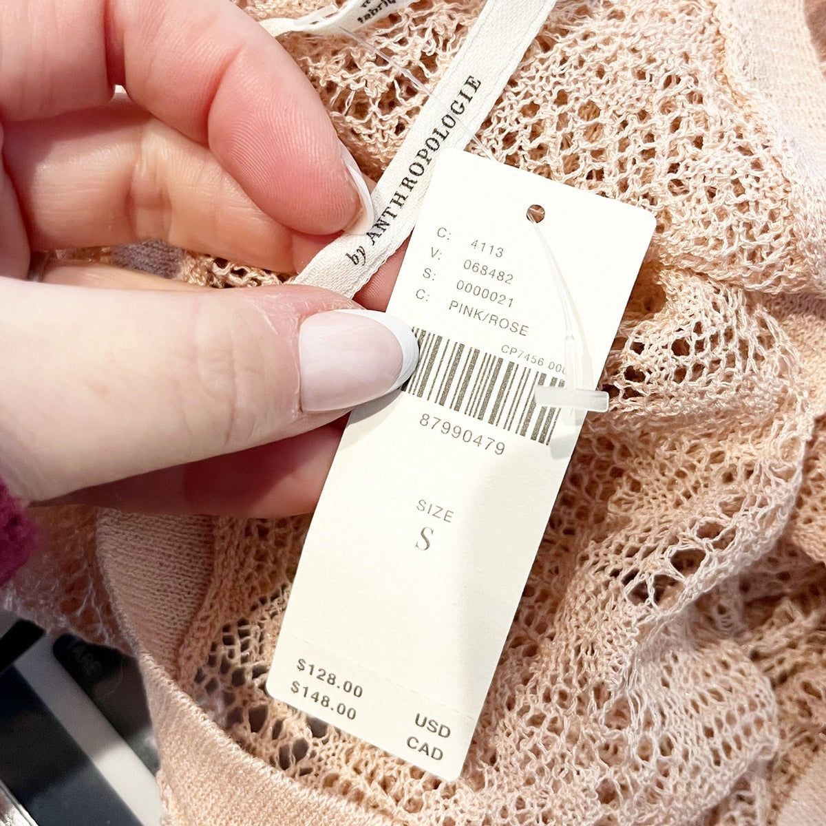 Anthropologie Sheer Open-Stitch Ruffle Pullover Sweater Pink Peach Small