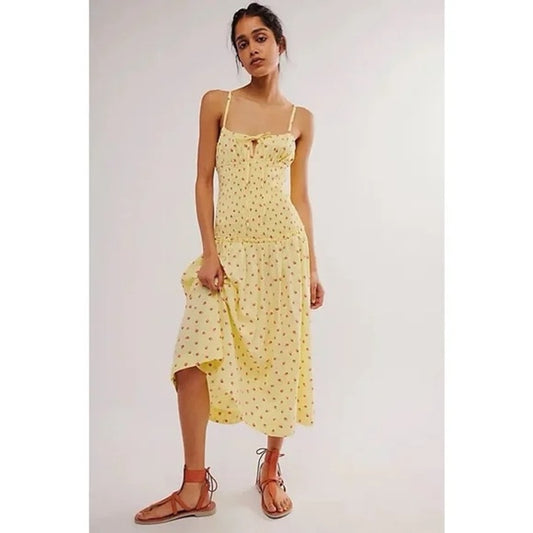 Free People Lavender Daze Smocked Drop Waist Dress Strawberry Print Yellow S