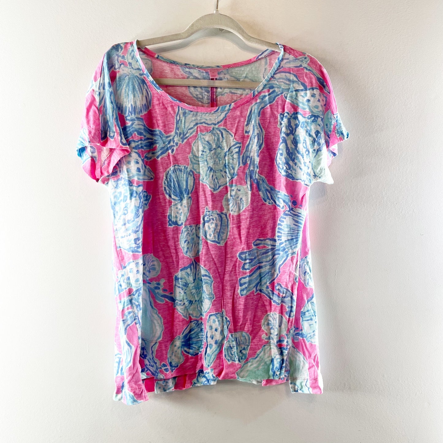 Lilly Pulitzer Mikela Short Sleeve Linen Printed Tee Shirt Top Blue Pink Medium