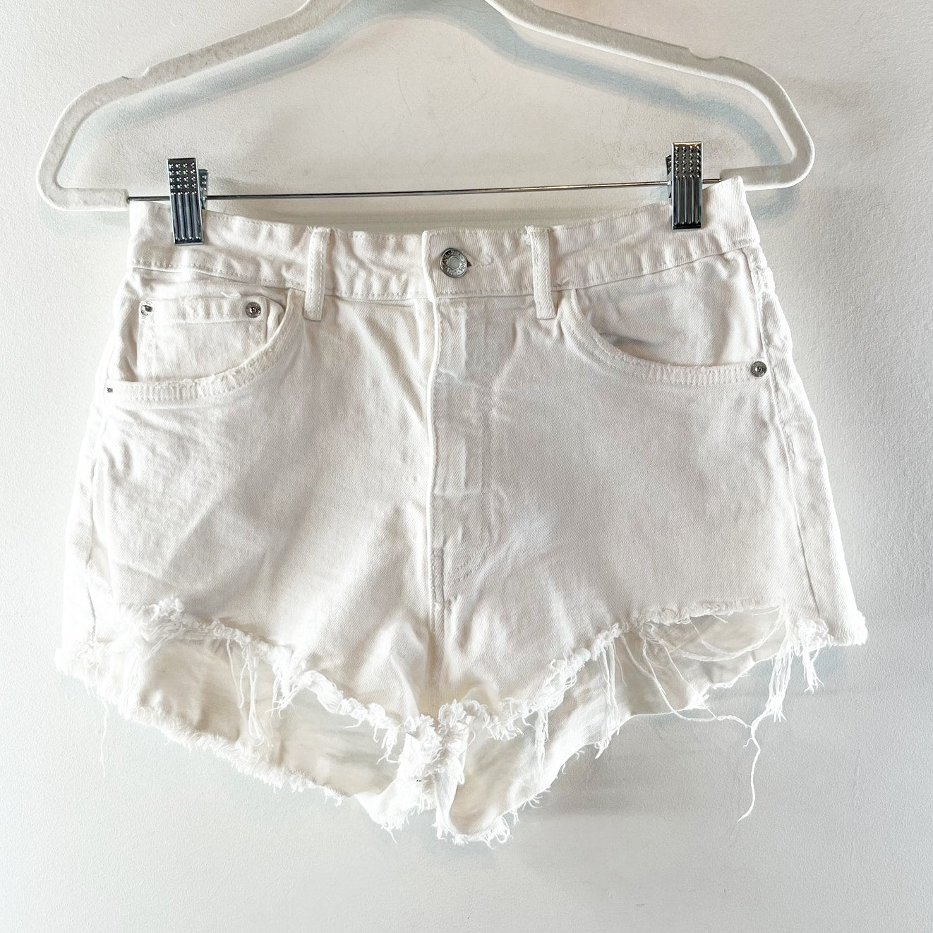 Zara Cotton High-Waisted Frayed Hem Cutoff Denim Jean Shorts White 6