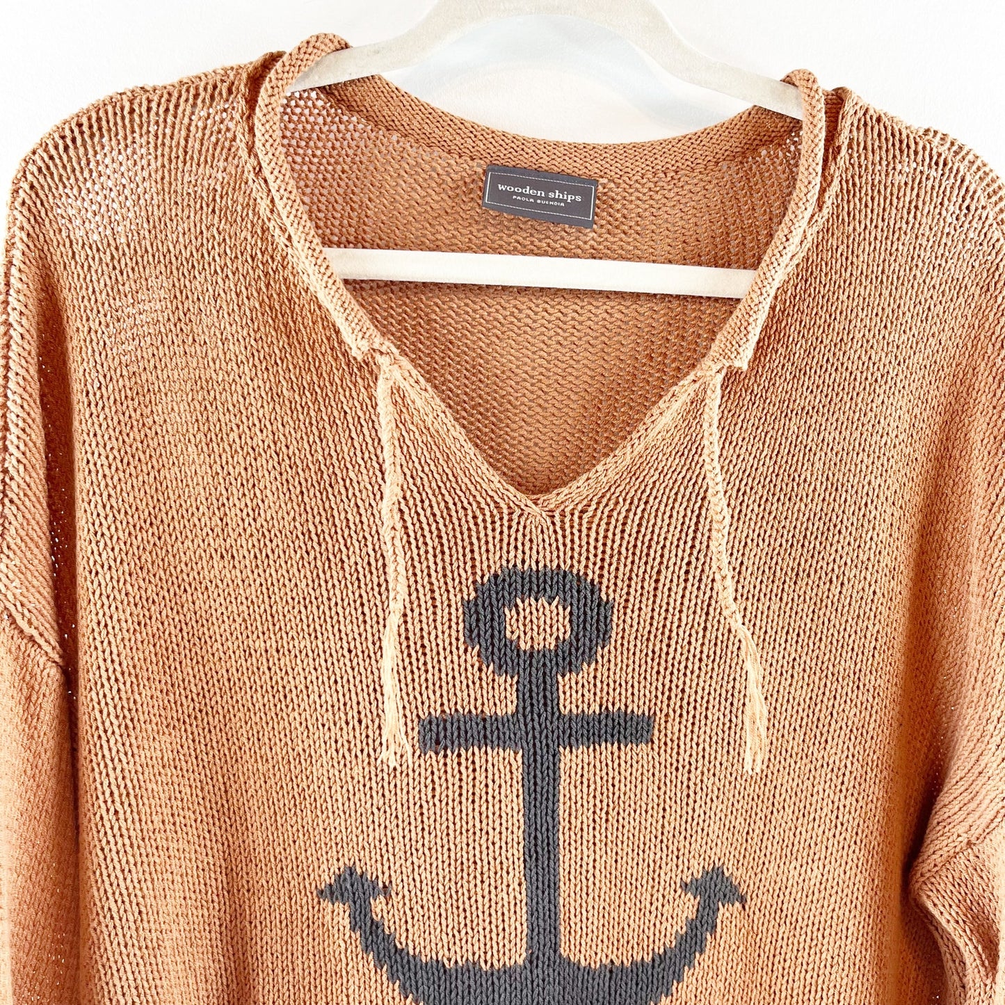 Wooden Ships Long Sleeve V Neck Cotton Anchor Sweater Brown M / L