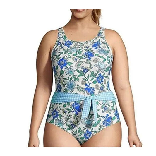 Lands' End Floral Full Coverage One Piece Belted Swimsuit Blue 16