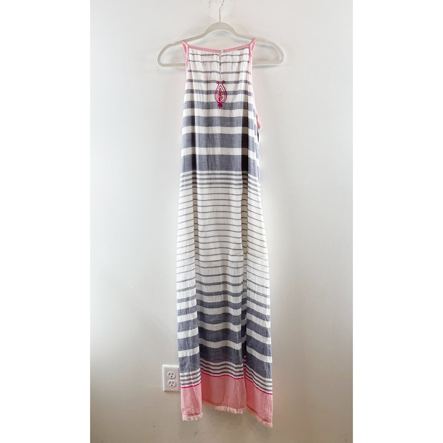 Lula Soul Sleeveless Striped Fringe Hem Cotton Maxi Dress White Blue Pink Large
