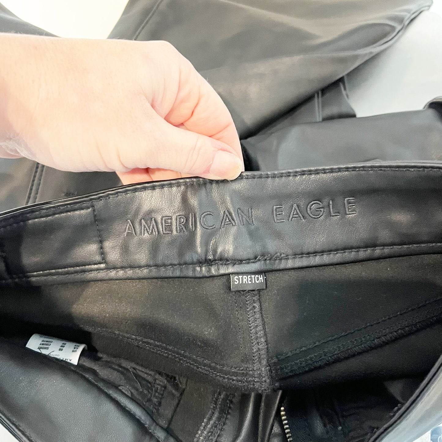 American Eagle Super High Rise Flare Faux Leather Pants Black 00 Short