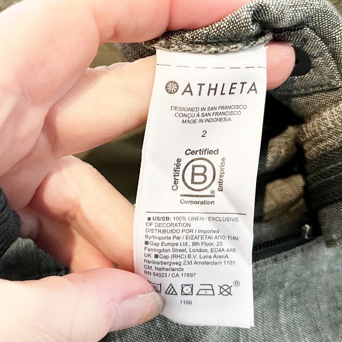 Athleta Voyager High Rise Cropped Linen Straight Leg Pants Green 2