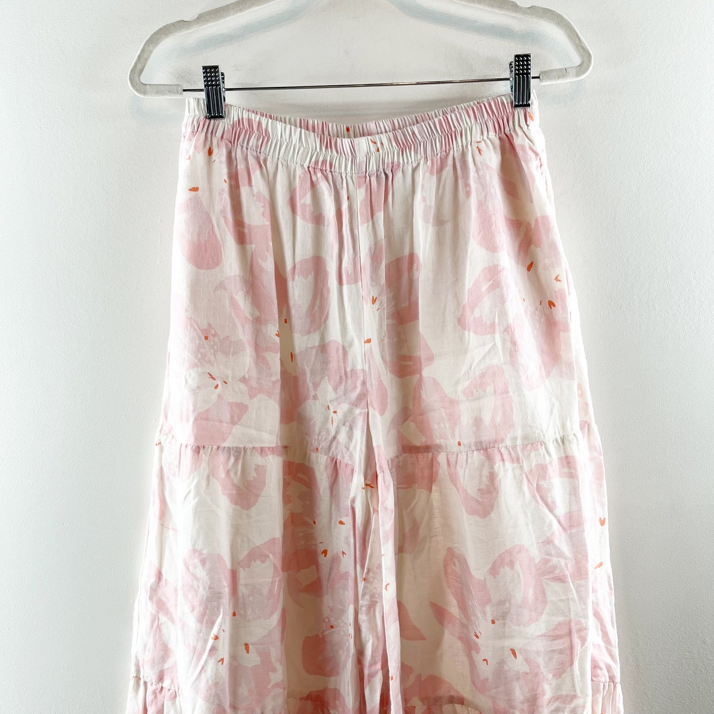 Something Navy Floral Tiered Wide Leg Flare Pants White Pink Medium