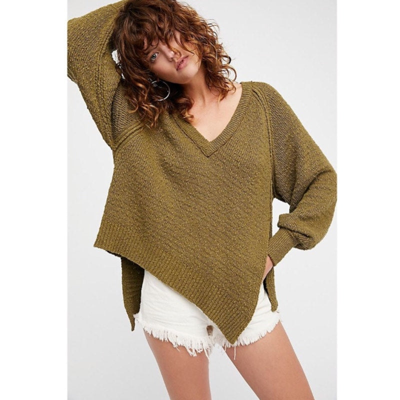 Free People West Coast Asymmetrical V Neck Long Sleeve Sweater Green XS