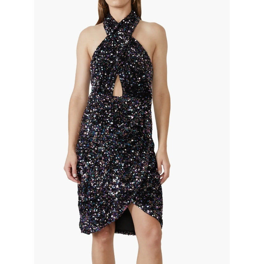 Bardot Sequin Halter Cutout Knee Length Dress Black Multi XS
