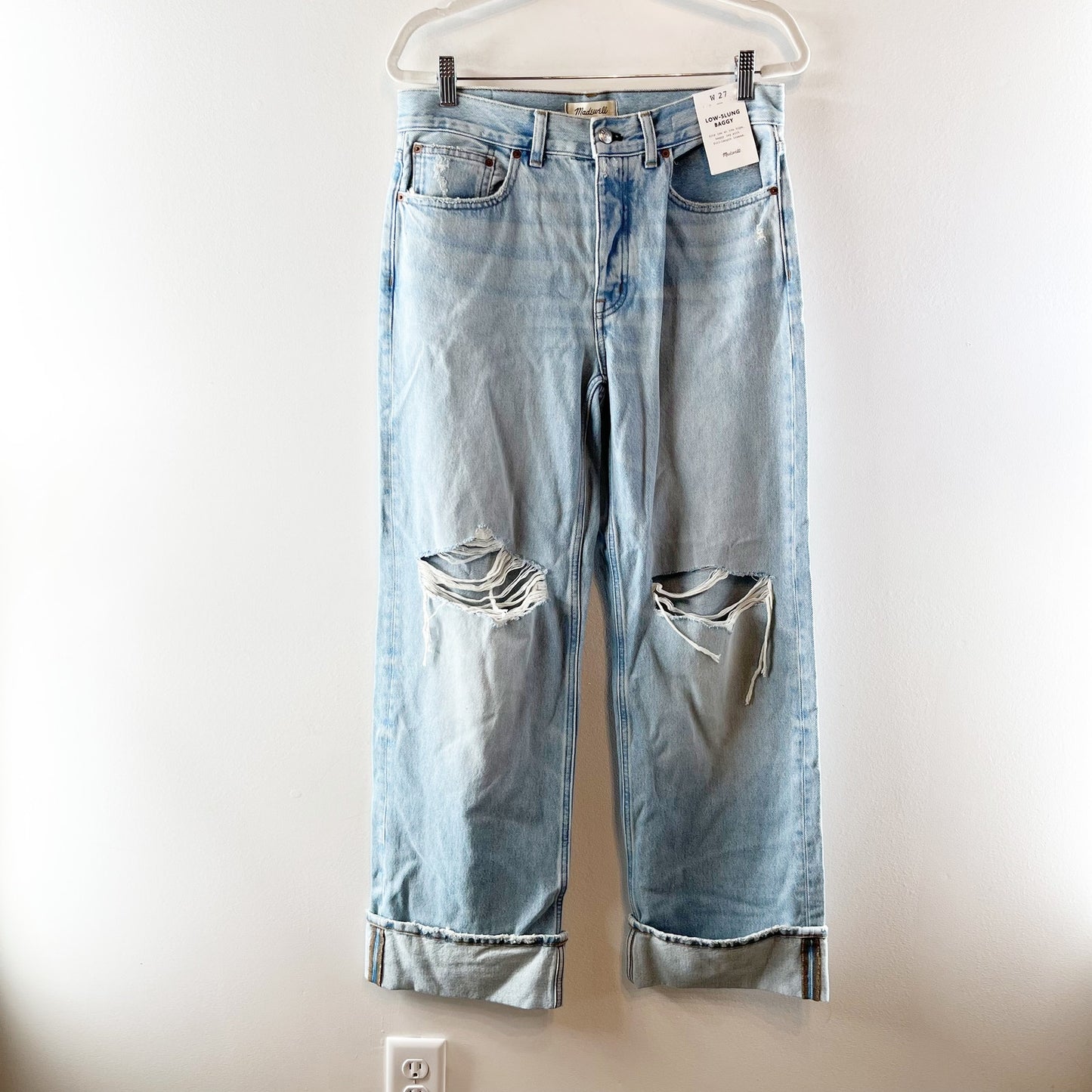 Madewell Low Slung Baggy Distressed Cuffed Wide Leg Jeans Hallstead Wash Blue 27