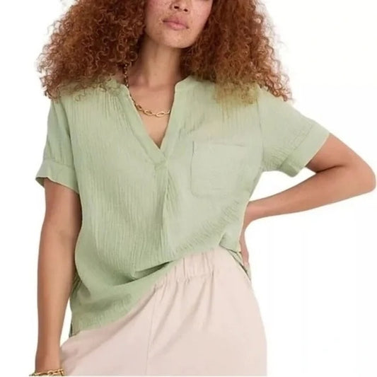 J. Crew V Neck Double Gauze Cotton Short Sleeve Top Sage Green Medium